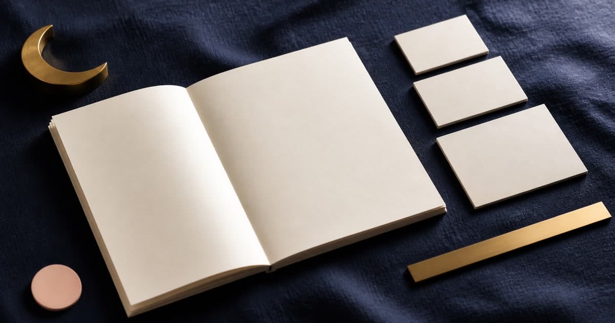 A blank cream estimate folio with three material tiles, a gold measuring rule, a blush approval token, and a brass crescent arranged on indigo linen.