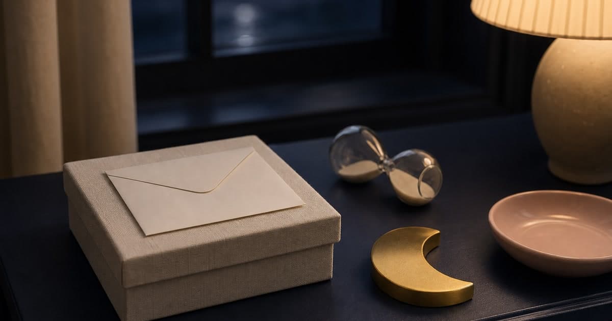 A sealed cream envelope rests on a linen box beside a small hourglass, gold crescent paperweight, blush dish, and softly lit lamp on an indigo nightstand.