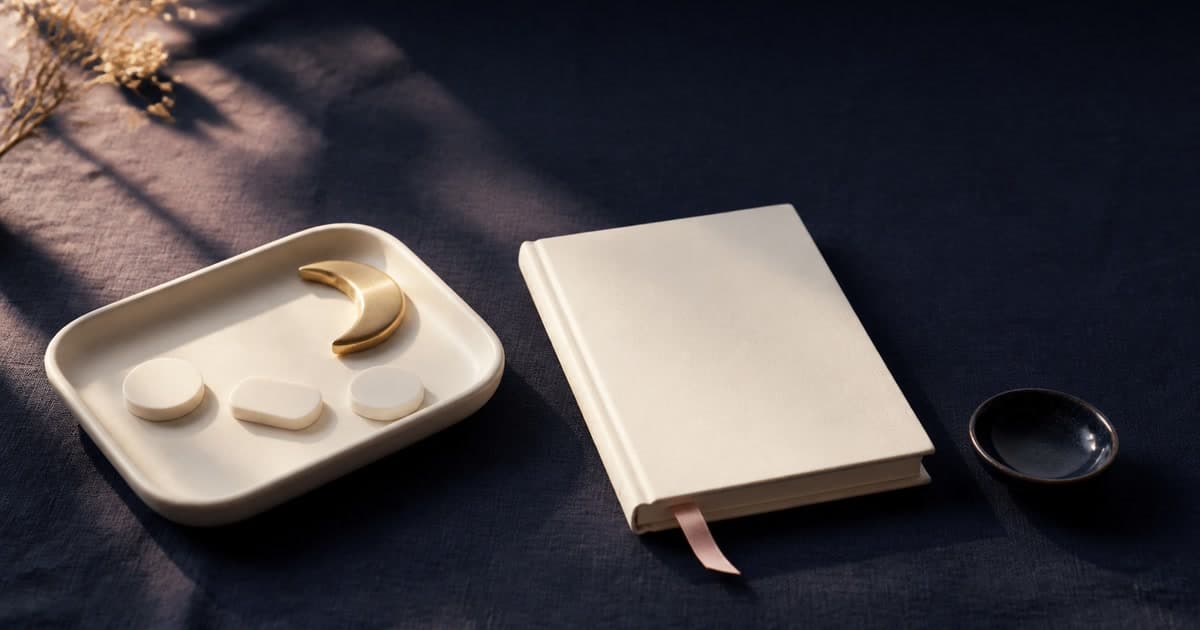 A cream notebook with a blush ribbon, a gold crescent, and three blank ceramic tokens arranged on deep indigo linen for a quiet low-energy money ritual.