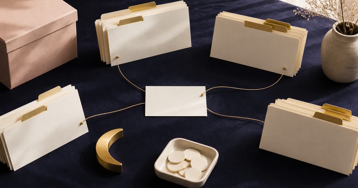 Blank cream index cards and slim document folders arranged as a calm locator map on indigo linen with gold tabs and a restrained blush archive box.