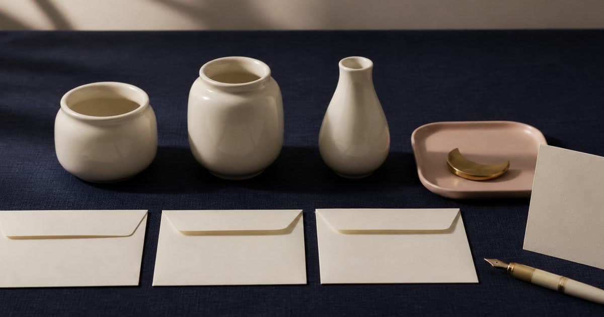 Three blank cream envelopes and ceramic vessels arranged on indigo linen beside a gold crescent paperweight, blush tray, and fountain pen.