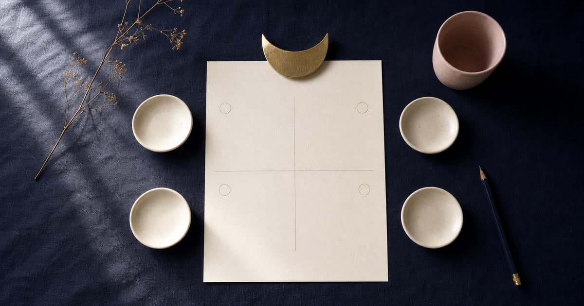 A blank cream page divided into four simple areas on indigo fabric, surrounded by four small dishes, a gold crescent paperweight, a blush cup, and a pencil.