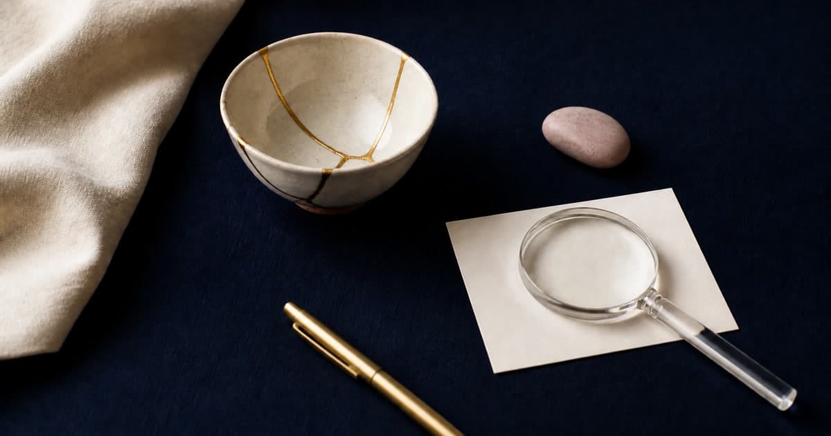 A cream kintsugi bowl beside a magnifying glass over a blank card, a gold pen, and a blush stone on indigo linen.