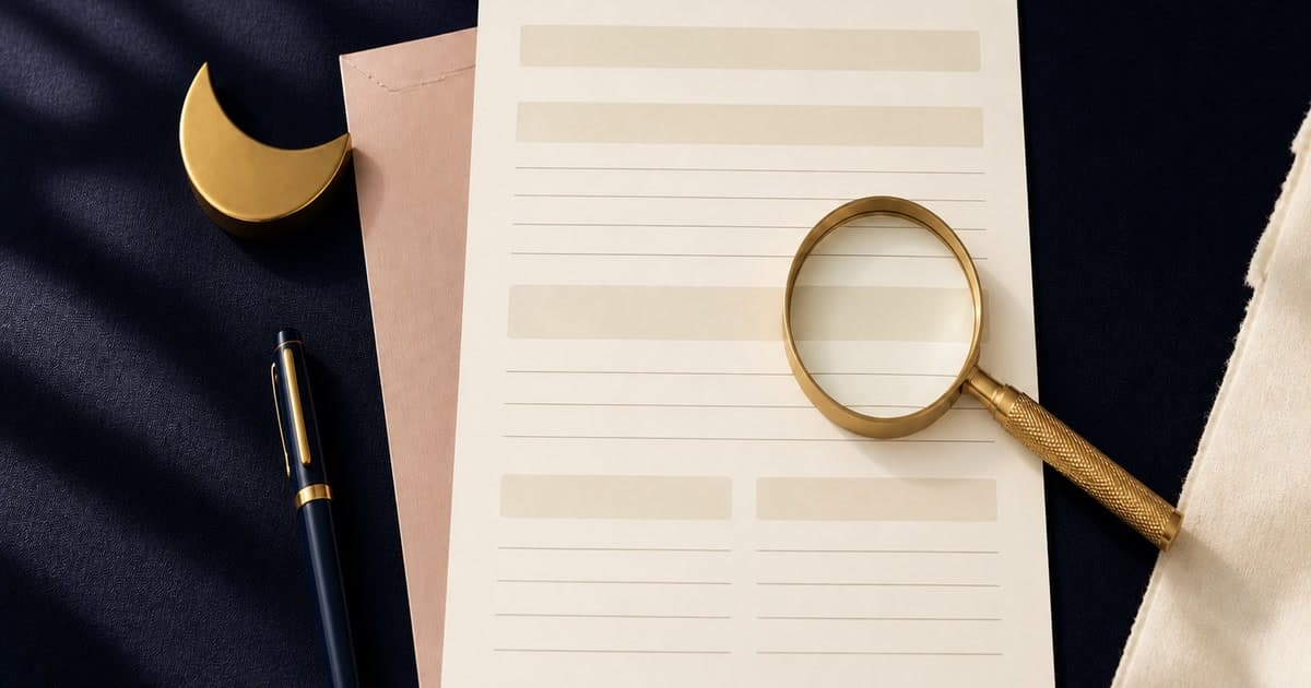A magnifying glass rests over a blank cream statement grid on deep indigo linen beside gold markers, a blush folder, and a small crescent paperweight.