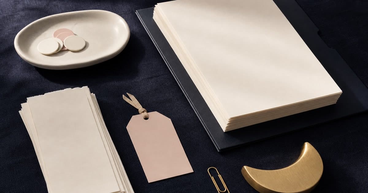 Blank cream receipt slips, a blush return tag, and a gold paperclip arranged beside an indigo record folder and crescent paperweight.