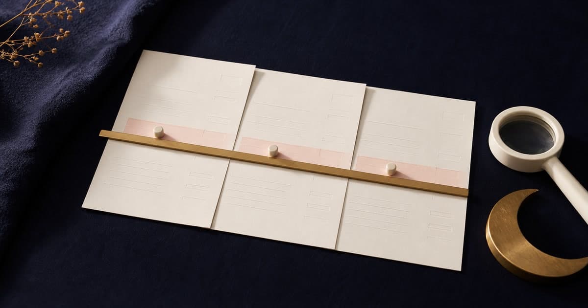 Three blank cream bill sheets with blush bands arranged on indigo linen beside a gold straightedge, a white loupe, and a small gold crescent.